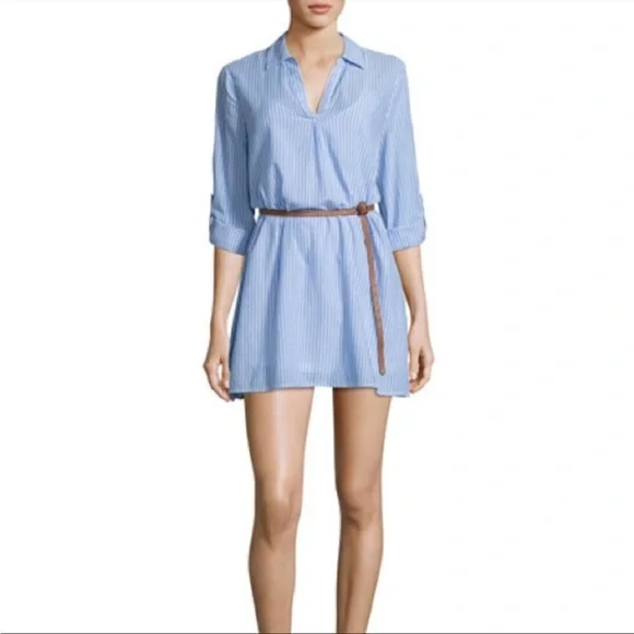 Joie Blue pinstriped leather belted poplin dress, Small
